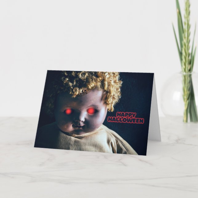 Tarjeta Festiva Feliz muñeca espeluznante de Halloween con ojos br (Anverso)