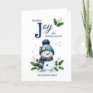 Tarjeta Festiva Feliz Muñeco de Nieve Holly Copo de Nieve Azul Bla