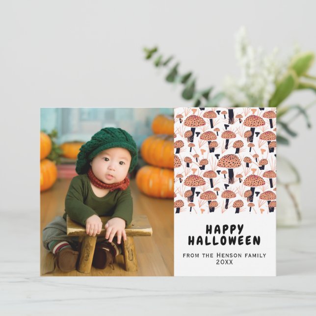 Tarjeta Festiva Feliz Naranja de Halloween Mushroom Fall (Anverso de pie)