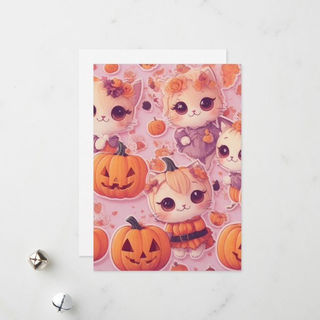 Tarjeta Festiva Feliz Naranja de Kawaii Kitten Halloween (Anverso/Reverso In Situ)