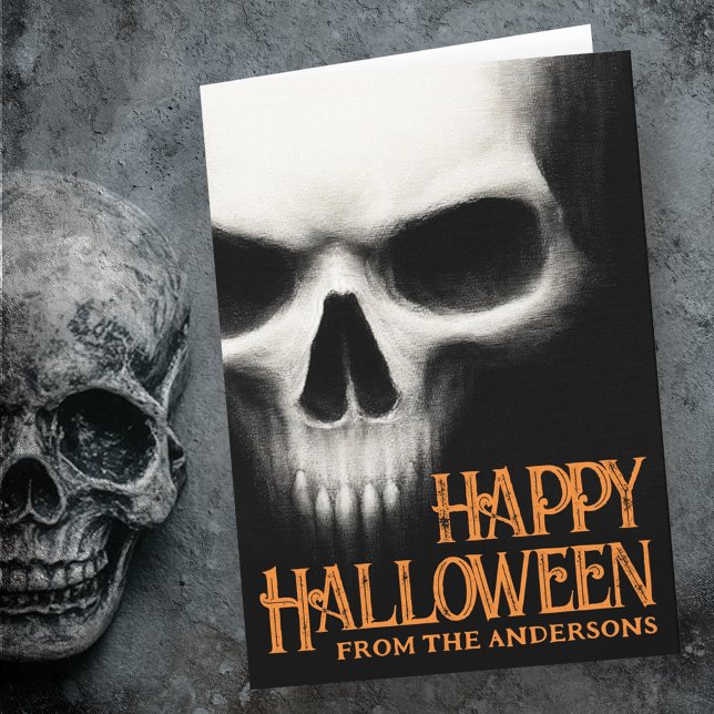 Tarjeta Festiva Feliz naranja negro de cráneo fantasma de Hallowee (Happy Halloween creepy ghost skull black orange Holiday Card)