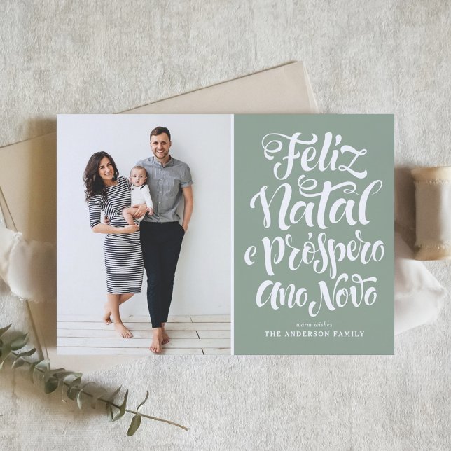 Tarjeta Festiva Feliz Natal e Próspero Ano Novo Sage Green Photo (Subido por el creador)