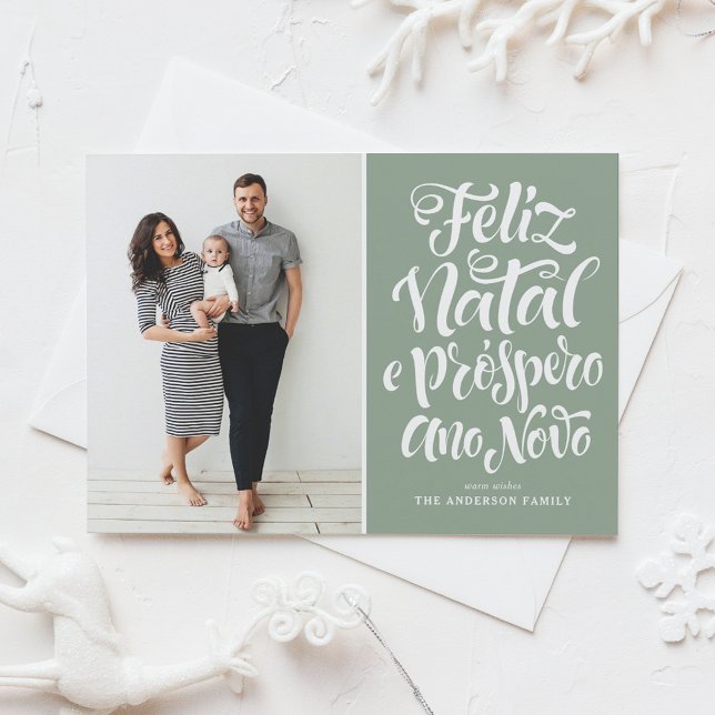 Tarjeta Festiva Feliz Natal e Próspero Ano Novo Sage Green Photo (Subido por el creador)