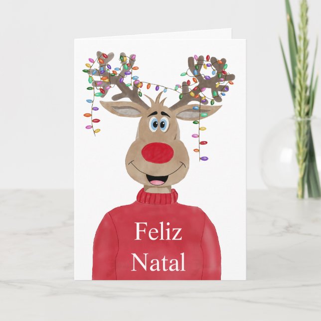 Tarjeta Festiva Feliz Natal, Navidades portugueses iluminan reno (Anverso)