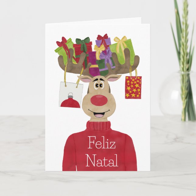 Tarjeta Festiva Feliz Natal, Navidades portugueses regalan reno (Anverso)