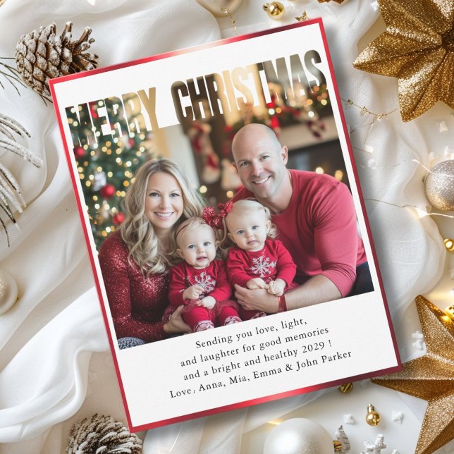 Tarjeta Festiva FELIZ NAVIDAD! 1 Foto, blanco, rojo (Personalized 1-Photo, White, Christmas Card with “MERRY CHRISTMAS” Design & Red Border.)