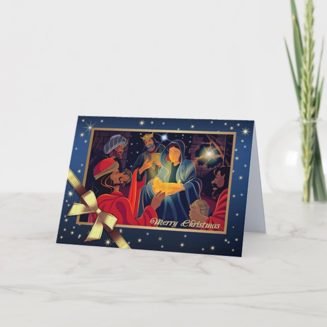 Tarjeta Festiva Feliz Navidad. Adoración del Magi (Anverso)