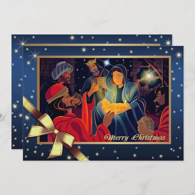 Tarjeta Festiva Feliz Navidad. Adoración del Magi (Anverso / Reverso)