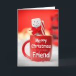 Tarjeta Festiva Feliz Navidad, amigo marshmallow Snowman<br><div class="desc">Agitando una taza roja llena de cacao caliente,  este feliz muñeco de nieve malvavisco es una manera adorable de desear a tu amigo especial una Feliz Navidad.</div>