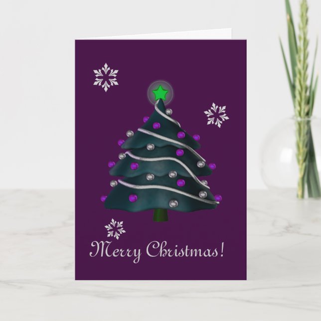 Tarjeta Festiva "¡Feliz Navidad!" - Árbol con plata y morado. (Anverso)