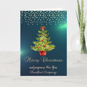 Tarjeta Festiva Feliz Navidad, árbol de acuarela, luces de la empr
