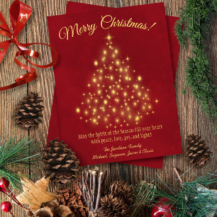 Tarjeta Festiva Feliz Navidad! Árbol de luces doradas sobre rojo e