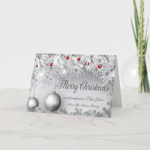 Tarjeta Festiva Feliz Navidad, árbol de Navidad, bolas, copos de n