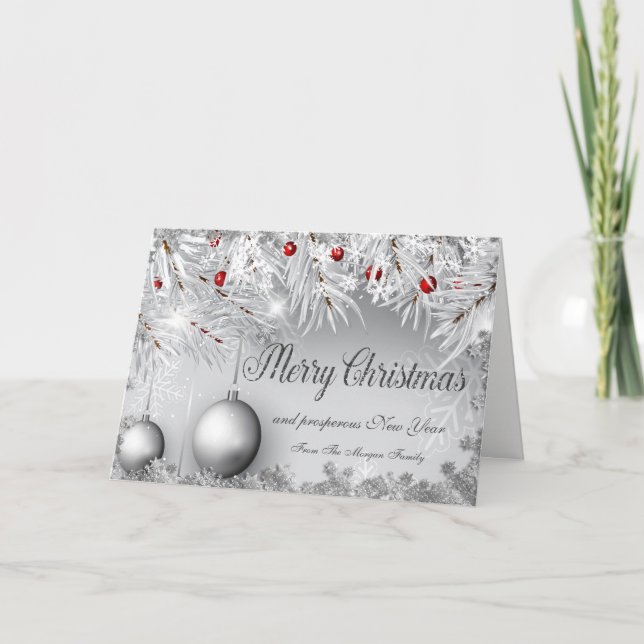 Tarjeta Festiva Feliz Navidad, árbol de Navidad, bolas, copos de n (Anverso)