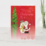 Tarjeta Festiva Feliz Navidad, Árbol de Navidad, Papá Noel Snowman<br><div class="desc">Elegante árbol de navidad y santa claus con muñeco de nieve sobre fondo rojo y un verso sentimental dentro.</div>