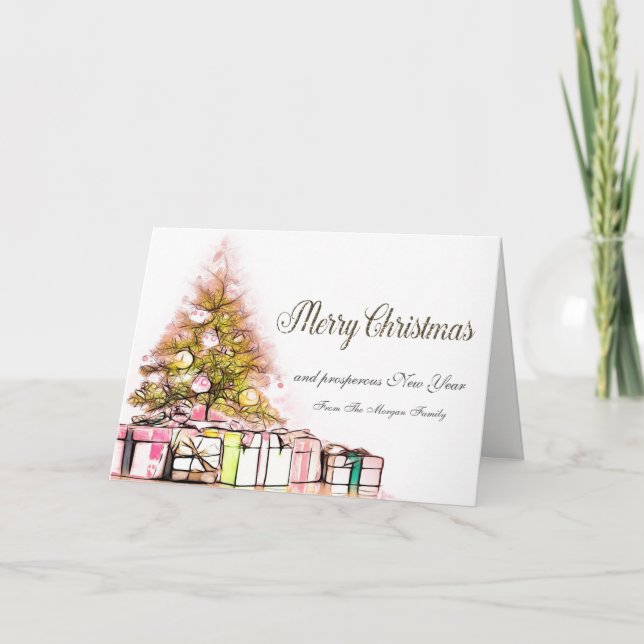 Tarjeta Festiva Feliz Navidad, árbol de Navidad, regalos (Anverso)