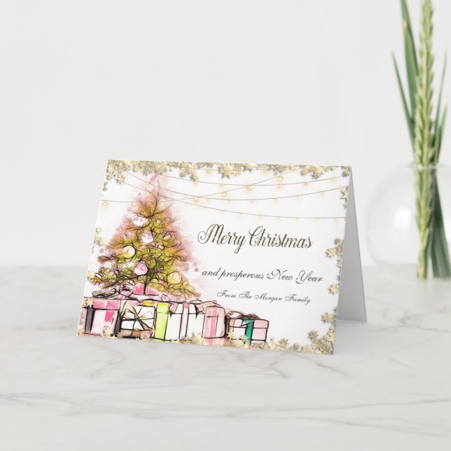 Tarjeta Festiva Feliz Navidad,Árbol de Navidad,Regalos,Luces (Anverso)