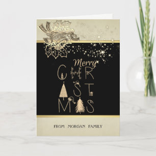 Tarjeta Festiva Feliz Navidad, árbol de pino, estrellas, campana