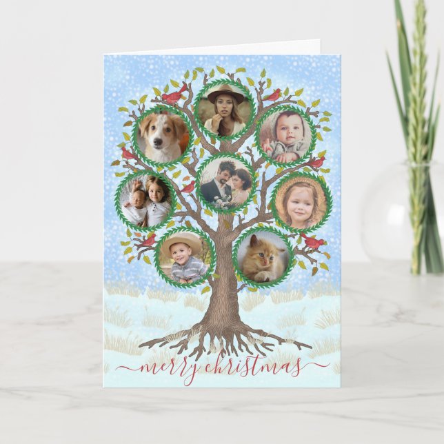 Tarjeta Festiva Feliz Navidad, árbol familiar de invierno 8 Collag (Anverso)
