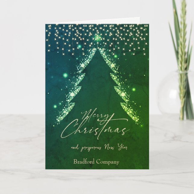 Tarjeta Festiva Feliz Navidad, Árbol verde, compañía verde de luce (Anverso)
