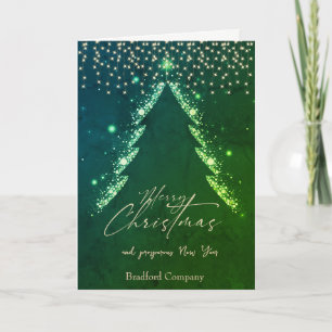 Tarjeta Festiva Feliz Navidad, árbol verde, luces Compañía Verde