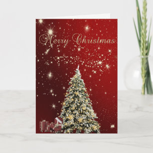 Tarjeta Festiva Feliz Navidad, árboles de Navidad, regalos