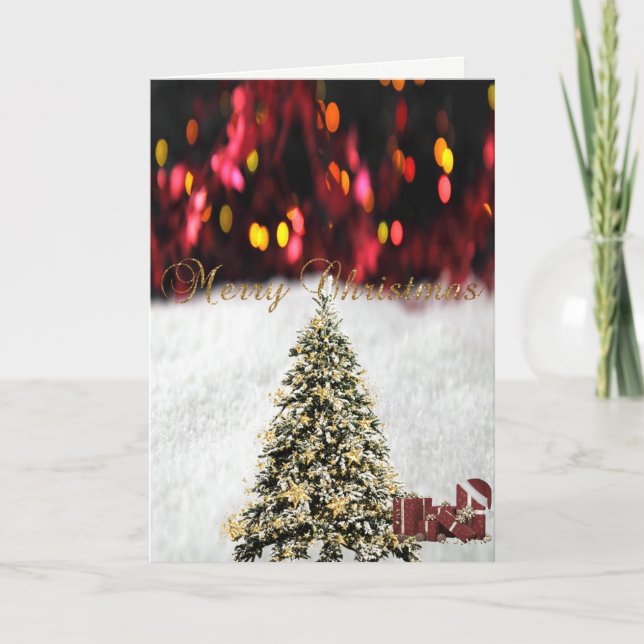 Tarjeta Festiva Feliz Navidad, árboles de Navidad, regalos (Anverso)