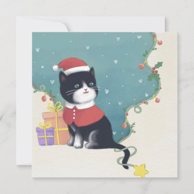 Tarjeta Festiva Feliz Navidad: Arte de Ilustracion Gato (Anverso)
