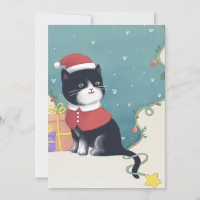 Tarjeta Festiva Feliz Navidad: Arte de Ilustracion Gato (Anverso)