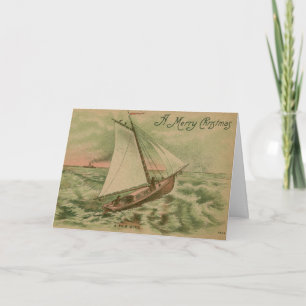 Tarjeta Festiva Feliz Navidad, barco de vela 1908 Vintage