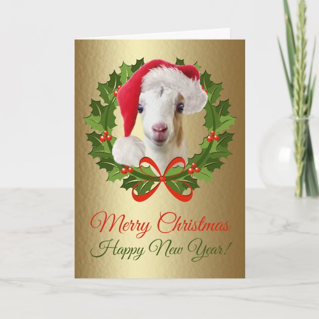 Tarjeta Festiva Feliz Navidad, bebé LaMancha Pintura de cabra (Anverso)