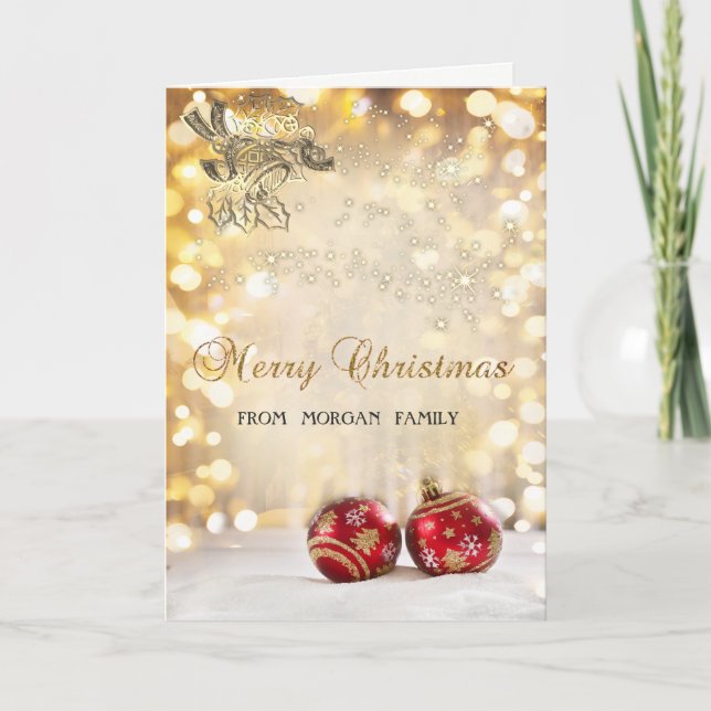 Tarjeta Festiva Feliz Navidad, Bolas rojas de Navidad, Campana, Bo (Anverso)