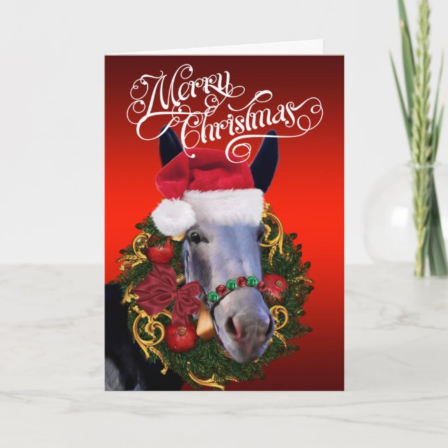 Tarjeta Festiva Feliz Navidad, burro y corona (Anverso)