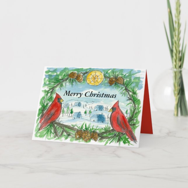Tarjeta Festiva Feliz Navidad, cardenal rojo Birds Victorian (Anverso)