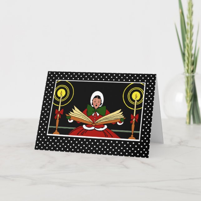 Tarjeta Festiva Feliz Navidad, Chica festivo cantando una canción  (Anverso)