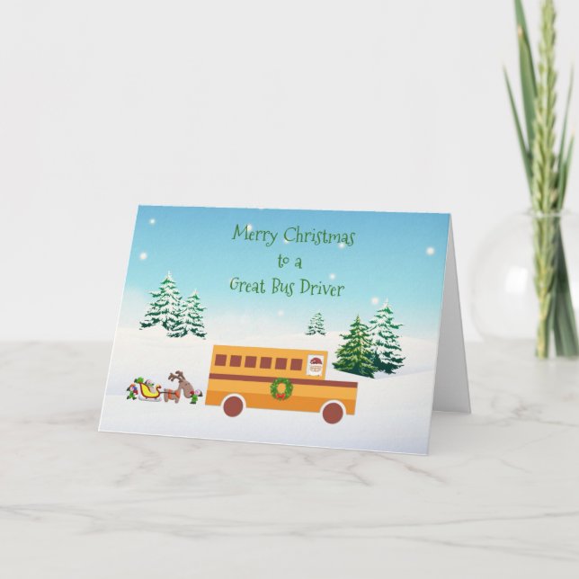 Tarjeta Festiva Feliz Navidad, conductor de autobús escolar (Anverso)