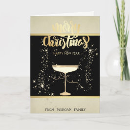 Tarjeta Festiva Feliz Navidad, copa de champán Gold Stars