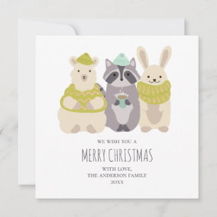 Tarjeta Festiva Feliz Navidad. Cordero de invierno, mapache, conej