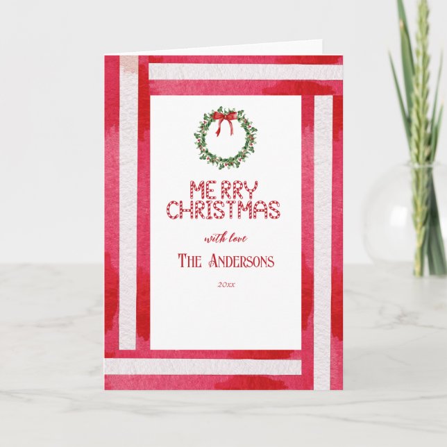 Tarjeta Festiva Feliz Navidad, corona roja de flores personalizada (Anverso)