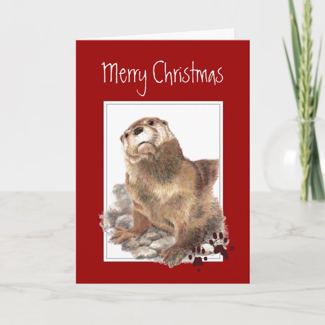 Tarjeta Festiva Feliz Navidad, dulce animal de Otter (Anverso)