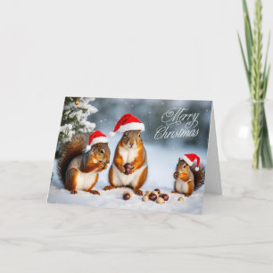 Tarjeta Festiva Feliz Navidad, familia de ardilla en Santa Sombrer