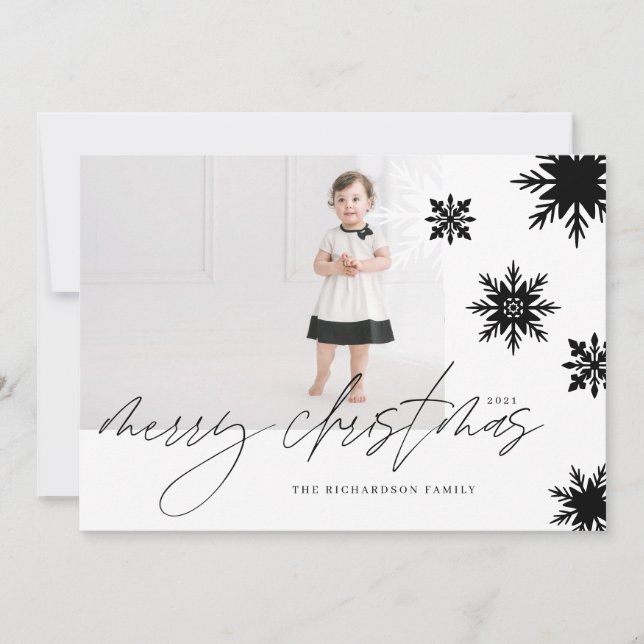 Tarjeta Festiva Feliz Navidad, familia de copos de nieve blancos y (Anverso)