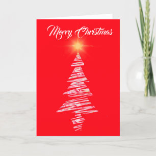 Tarjeta Festiva Feliz Navidad, fondo rojo con árbol moderno