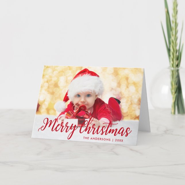 Tarjeta Festiva Feliz Navidad, foto de guión rojo doblada (Anverso)