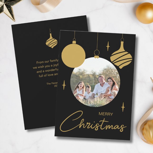 Tarjeta Festiva Feliz Navidad, foto de la familia Black and Gold (Merry Christmas Family Photo Black and Gold Holiday Card)