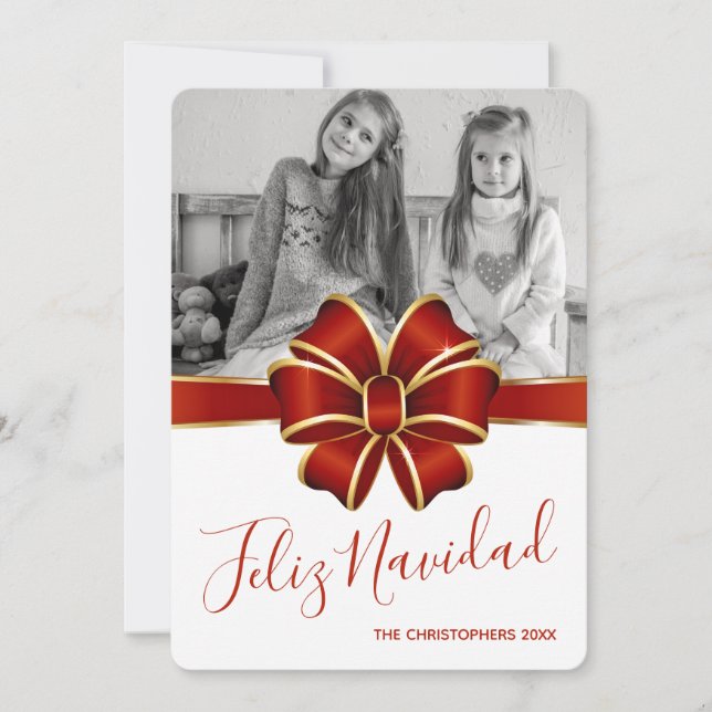 Tarjeta Festiva Feliz Navidad, foto de Red Bow Gold Trim Navidades (Anverso)