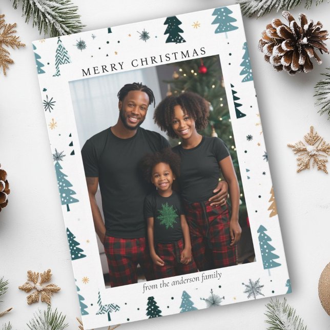 Tarjeta Festiva Feliz Navidad! Foto del patrón de árboles de Navid (Merry Christmas! Christmas Trees Pattern Photo Holiday Card)