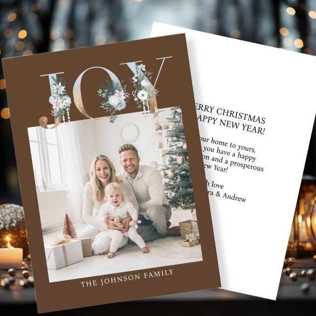 Tarjeta Festiva ¡Feliz Navidad! Foto moderna, simple (Customer specific "Joy-Merry Christmas" brown-gold, photo holiday card. )