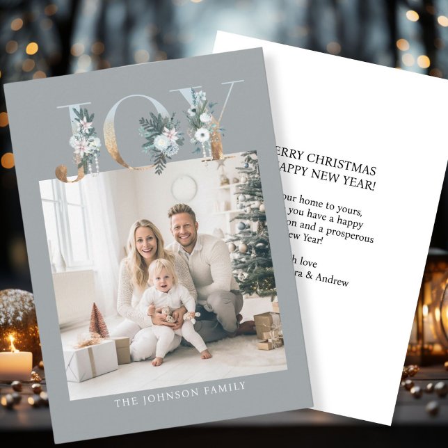 Tarjeta Festiva ¡Feliz Navidad! Foto moderna, simple (Customer specific "Joy-Merry Christmas" gray-gold, photo holiday card. )