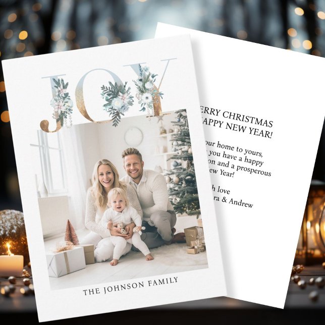 Tarjeta Festiva ¡Feliz Navidad! Foto moderna, simple (Customer specific "Joy-Merry Christmas" white-gold, photo holiday card. )